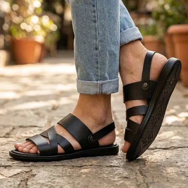 Genuine Care Leather Belt Sandal Black SB8