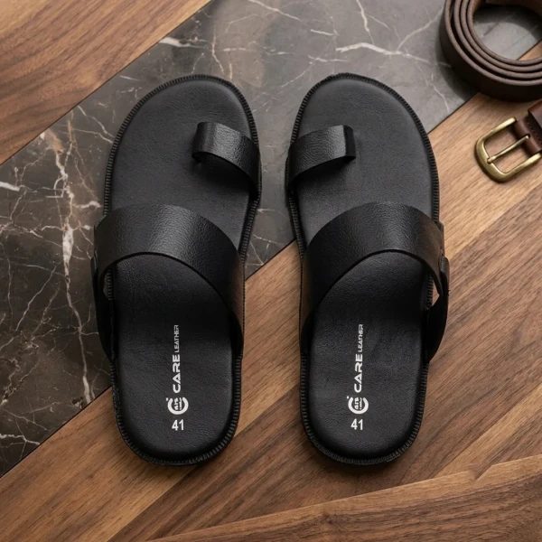 Care Leather Men's Toe-loop Sandal(Black SN36)